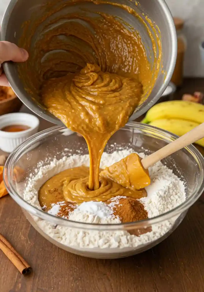 Wet and dry ingredients gently folded together in a mixing bowl