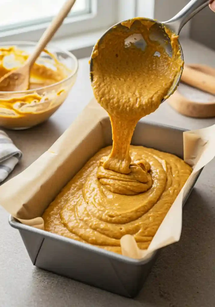 Pumpkin banana batter poured into a parchment-lined loaf pan