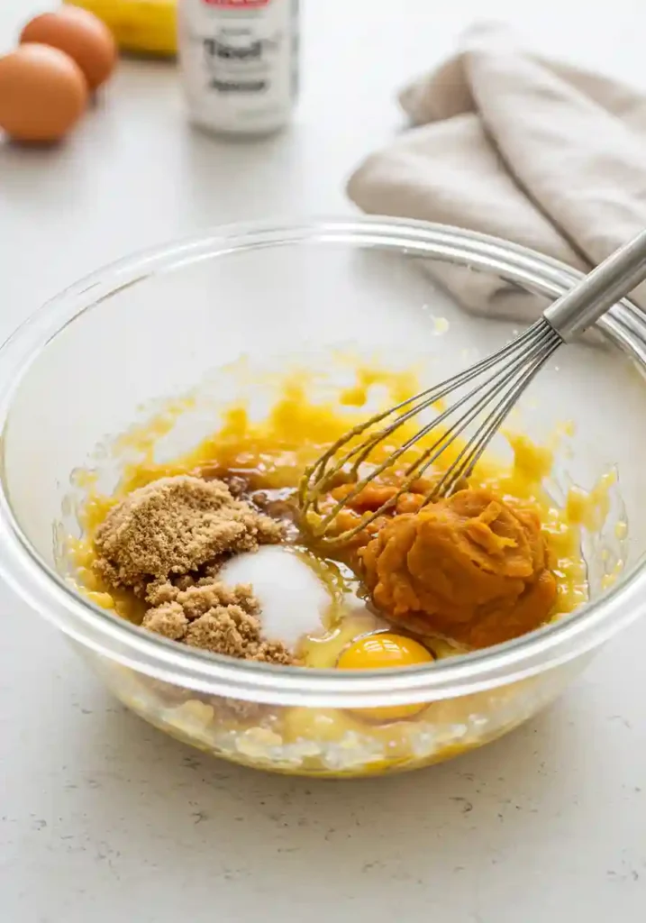 Wet ingredients being whisked together in a large bowl