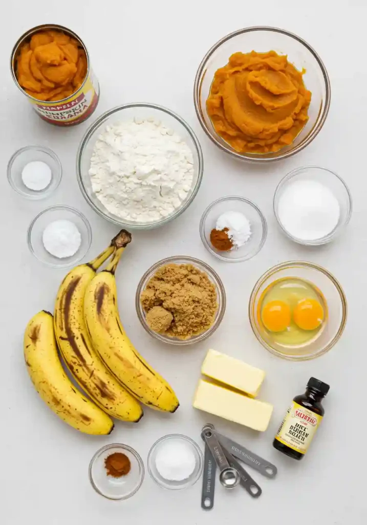 Display of ingredients for making pumpkin banana loaf