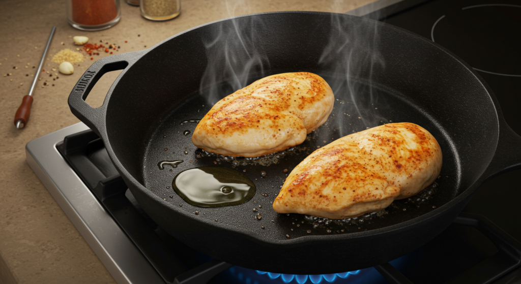 Searing Chicken for Street Corn Chicken Rice Bowl