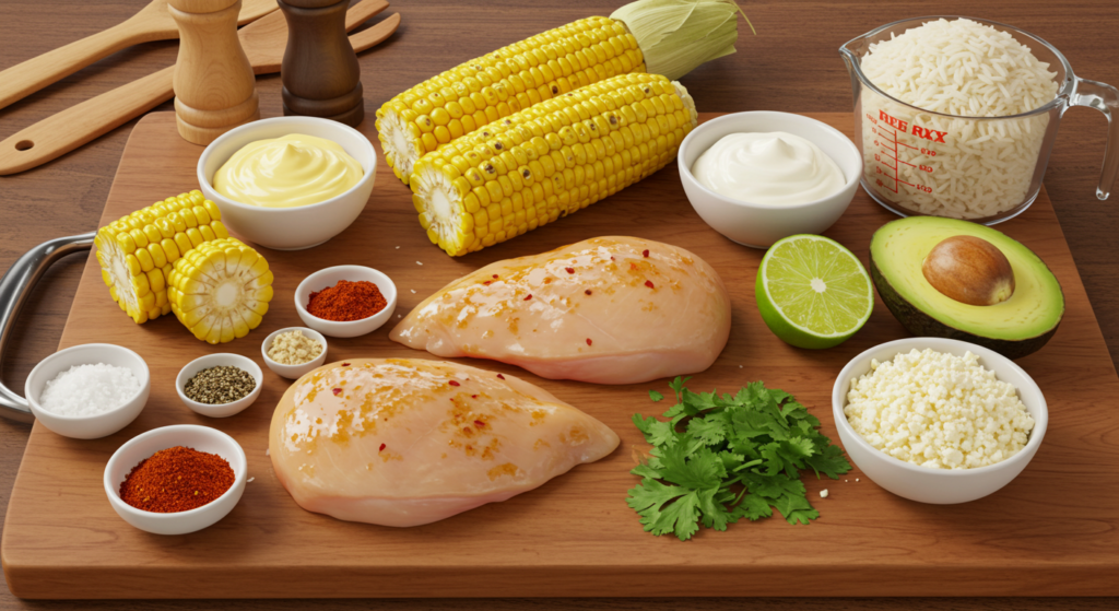 Ingredients for the Best Ever Street Corn Chicken Rice Bowl
