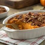 Freshly baked sweet potato casserole with a golden pecan streusel topping.