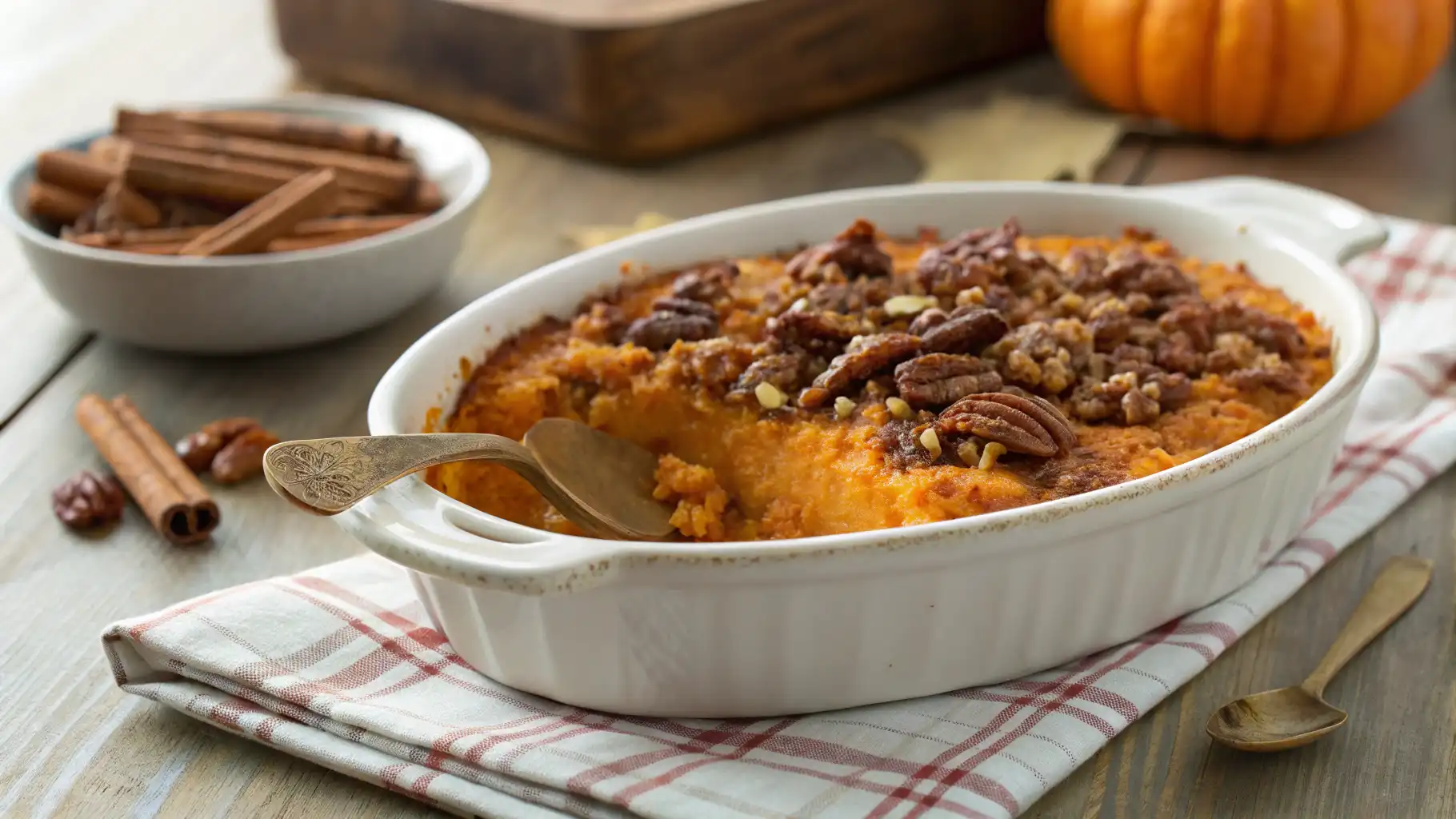 Freshly baked sweet potato casserole with a golden pecan streusel topping.