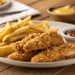 A plate of golden, crispy chicken tenders served with golden fries.