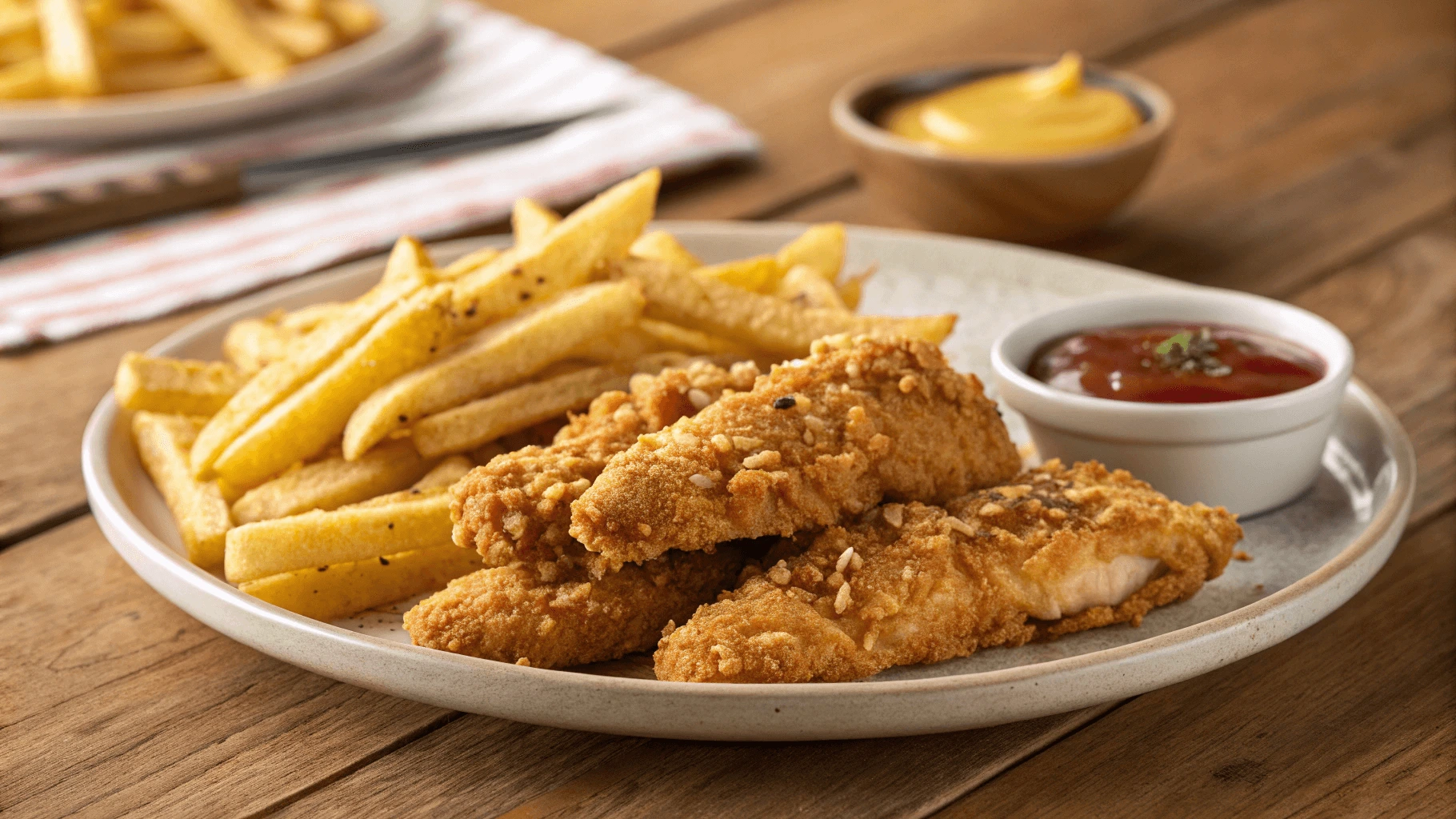 A plate of golden, crispy chicken tenders served with golden fries.