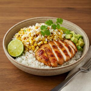 Plate of The Best Ever Street Corn Chicken Rice Bowl