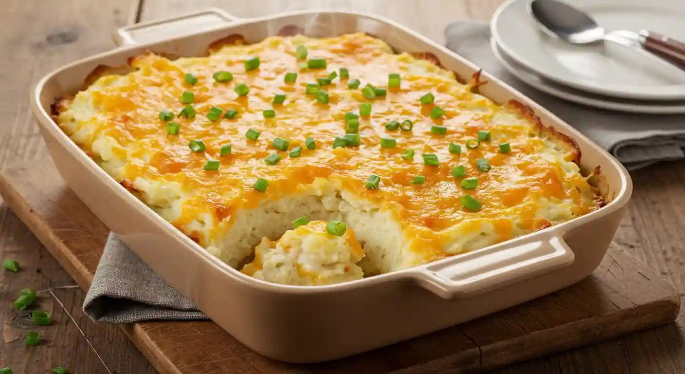 Finished Twice Baked Mashed Potatoes in a baking dish
