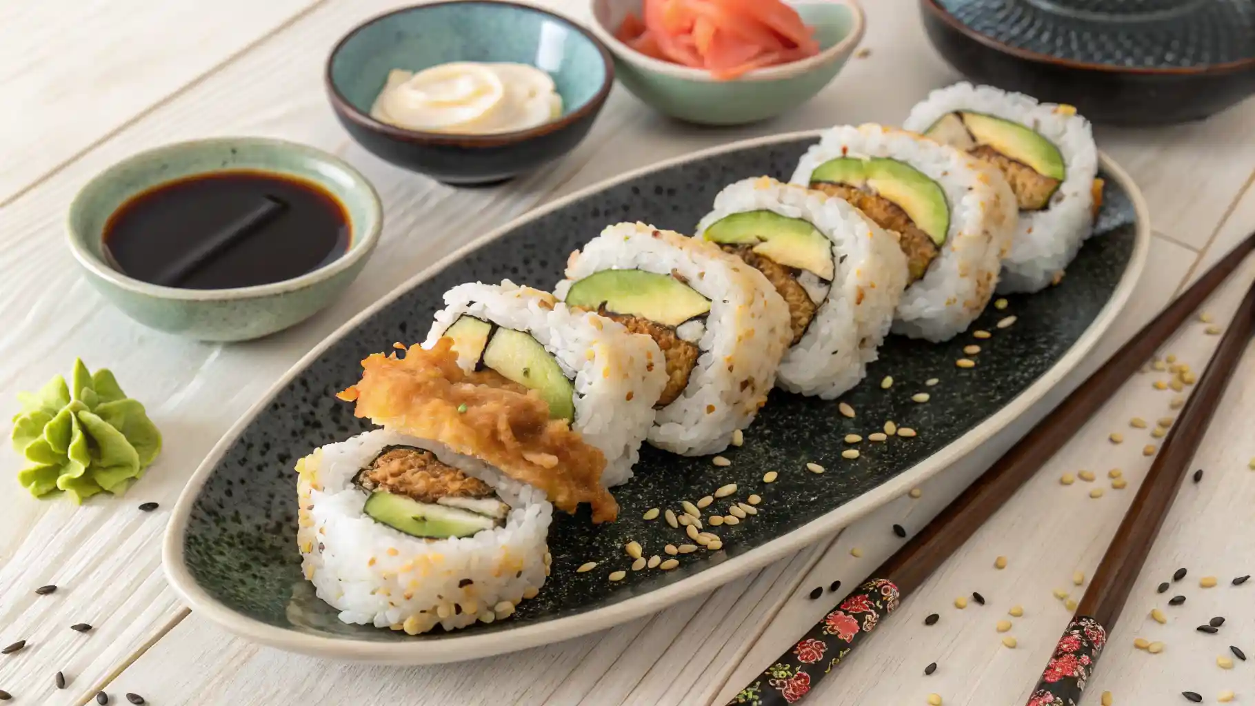 Finished Chicken Tempura Roll on a Bamboo Mat