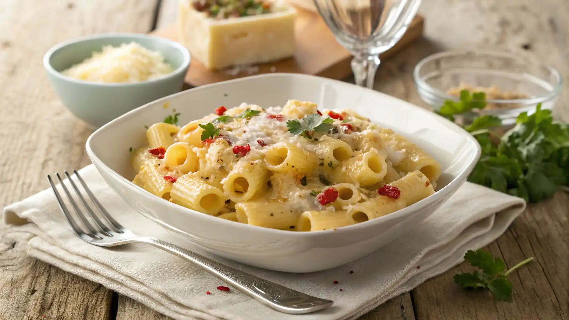 Bowl of Creamy Ditalini Pasta Garnished with Herbs