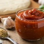 Bowl of homemade pizza sauce on a wooden board