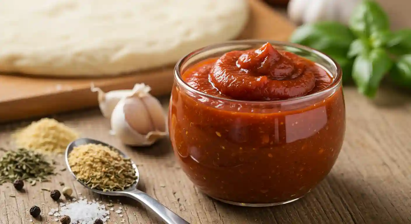 Bowl of homemade pizza sauce on a wooden board