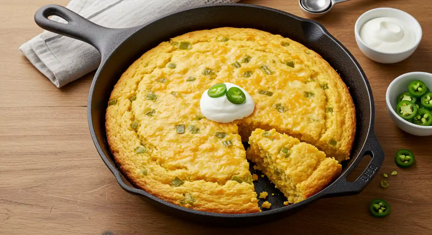 Golden Jiffy Mexican Cornbread in a Baking Dish
