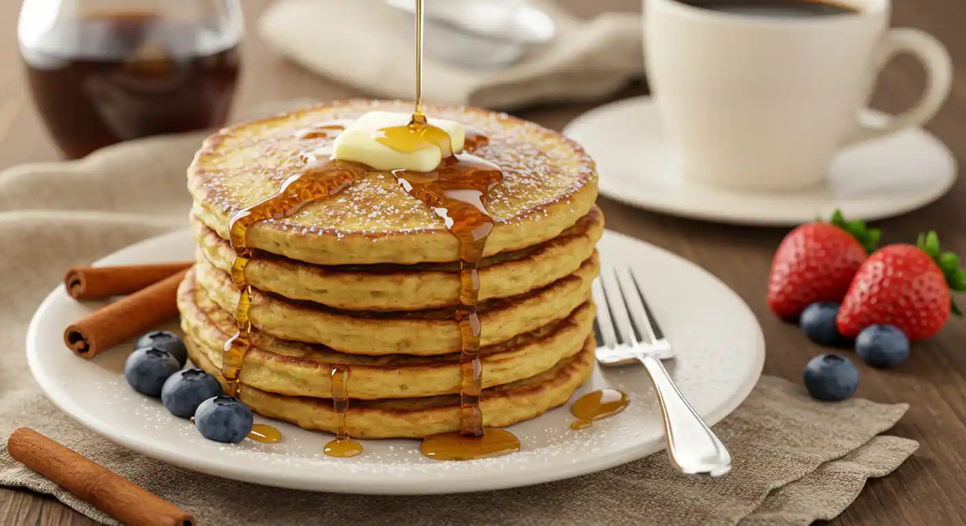 A delicious stack of fluffy French toast pancakes topped with butter and maple syrup