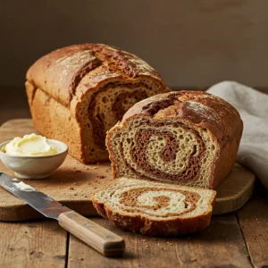 Perfectly sliced marble rye bread with a tender crumb and bold swirl.