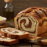 Freshly baked marble rye bread with a golden crust and stunning swirl.