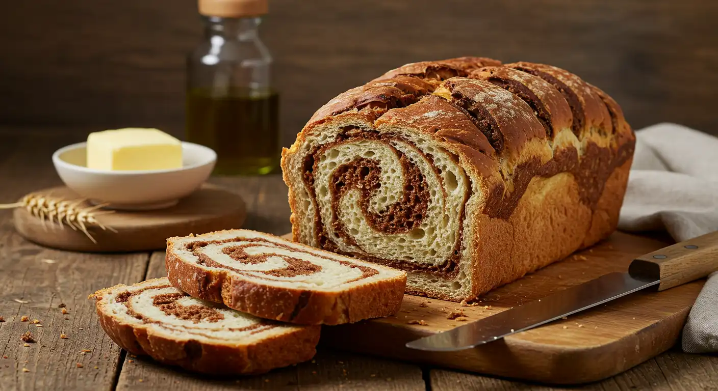 Freshly baked marble rye bread with a golden crust and stunning swirl.