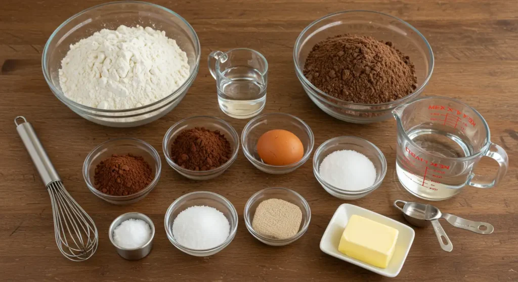 Ingredients neatly arranged for making marble rye bread at home.