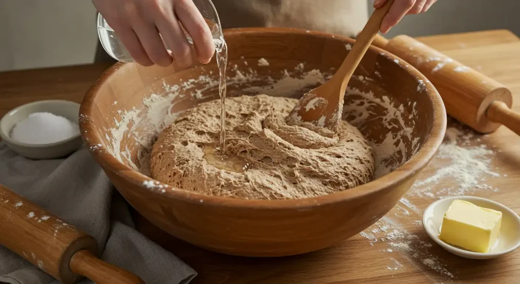 Two doughs—one light, one dark—being mixed and kneaded separately.