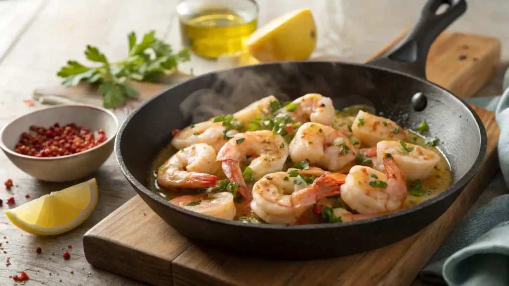 Plated Garlic Shrimp in a White Bowl