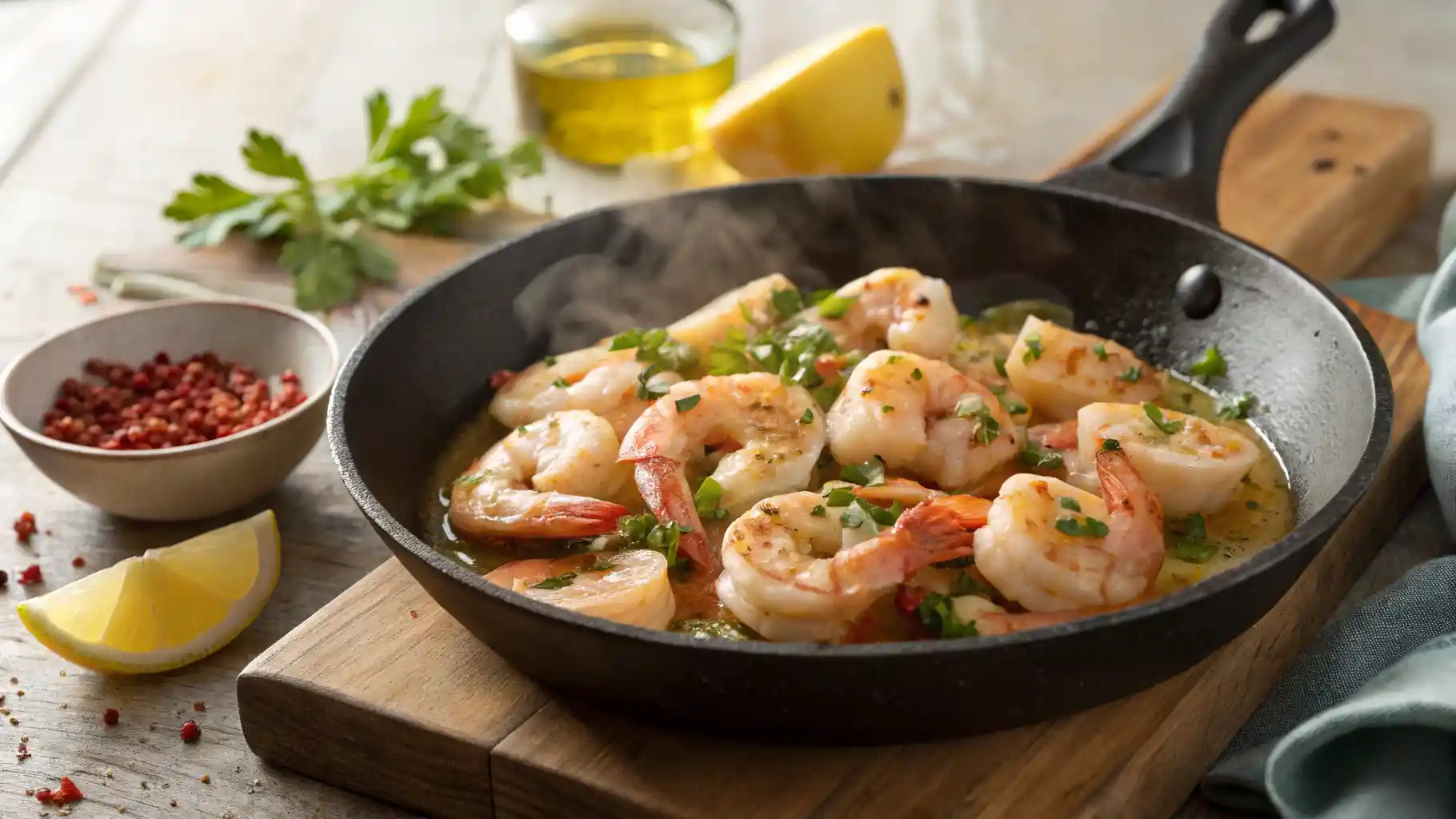 Plated Garlic Shrimp in a White Bowl
