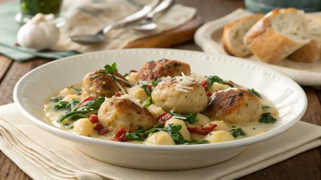 Plated Tuscan Chicken Meatballs and Gnocchi with Creamy Sauce