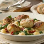 Plated Tuscan Chicken Meatballs and Gnocchi with Creamy Sauce