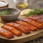 Glazed smoked salmon candy pieces on a rustic serving board