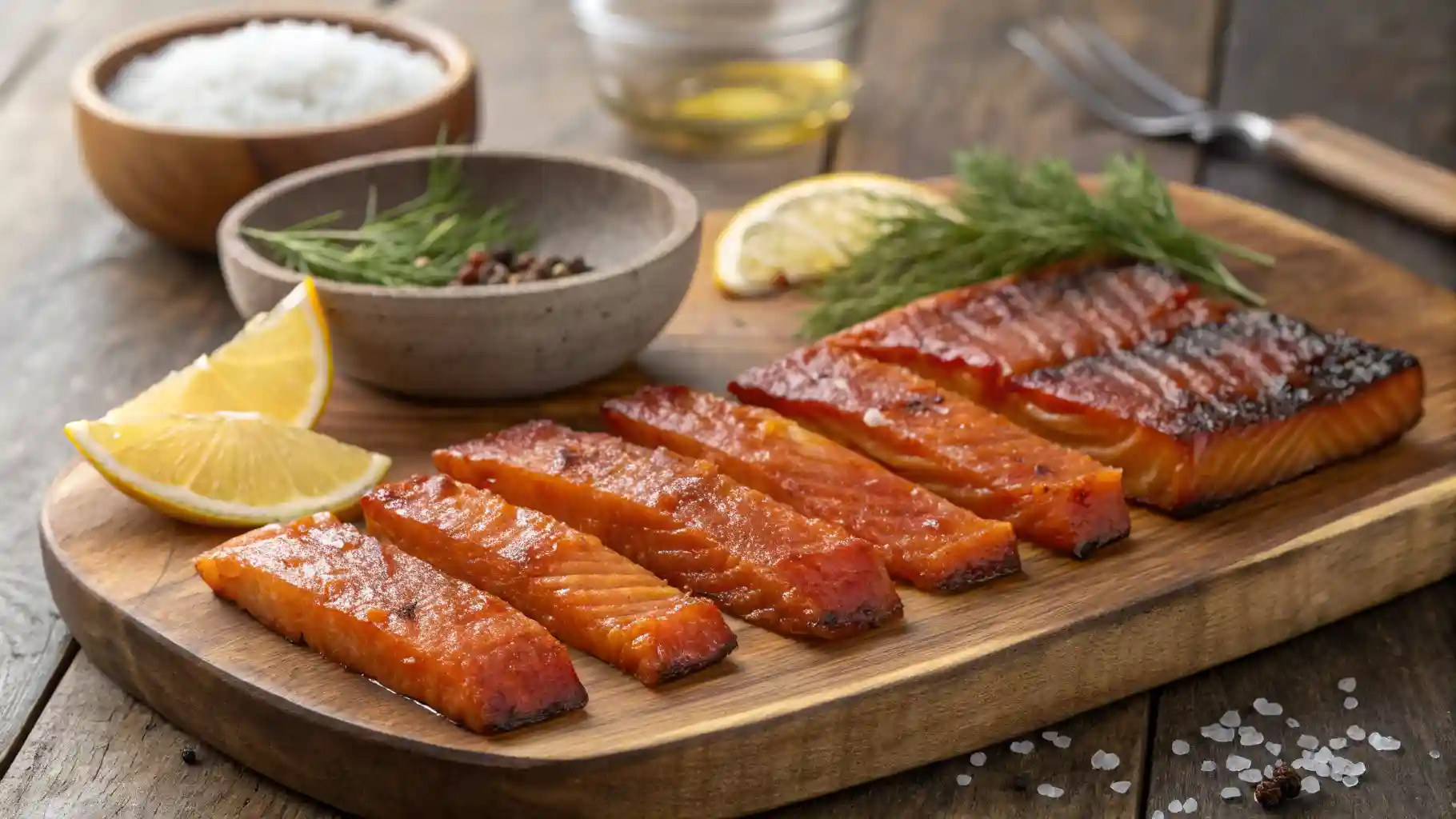 Glazed smoked salmon candy pieces on a rustic serving board