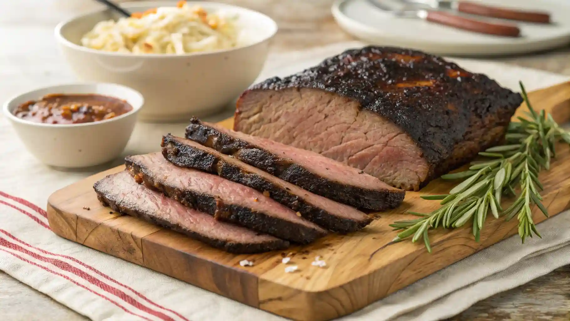 Sliced beef brisket served with sauce and herbs
