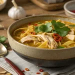 A steaming bowl of spicy chicken noodle soup with fresh herbs