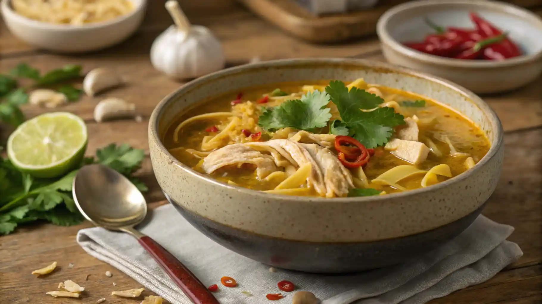 A steaming bowl of spicy chicken noodle soup with fresh herbs