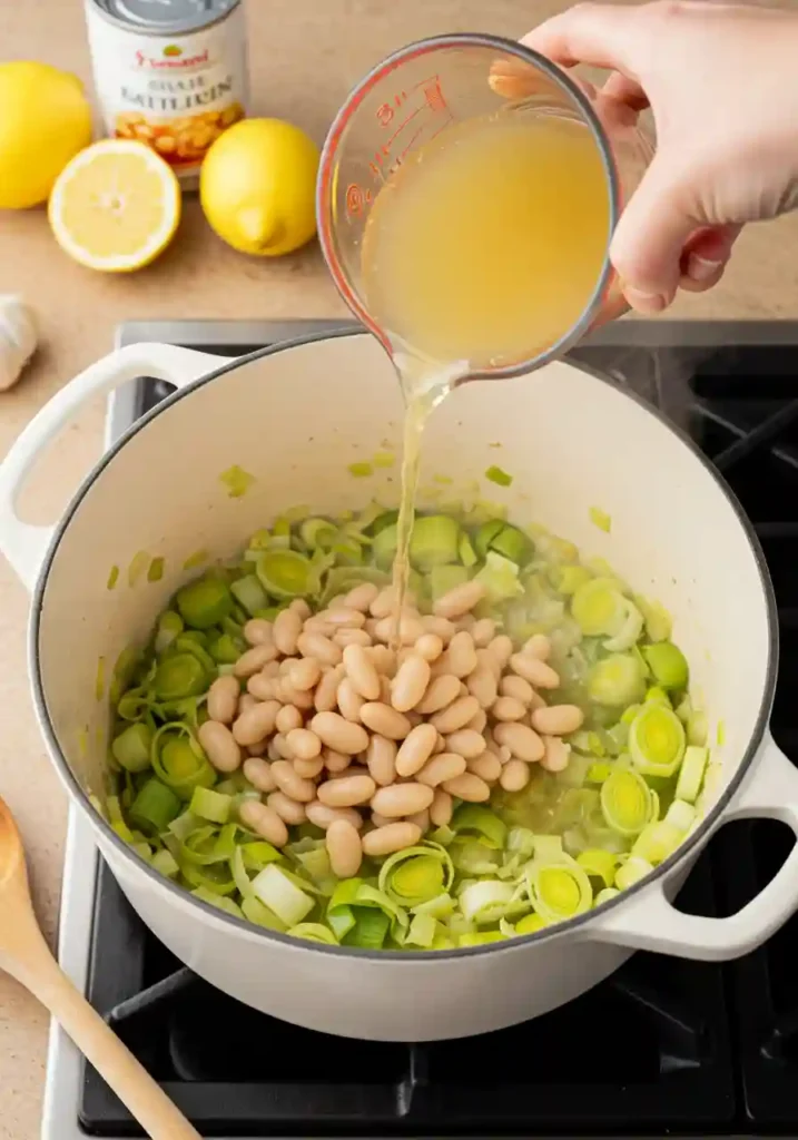 Cannellini beans and chicken broth being poured into sautéed leeks