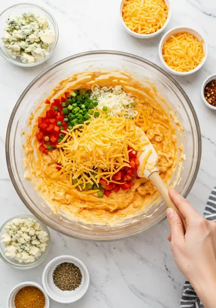 Shredded Cheese and Bell Pepper Added to Chicken Dip
