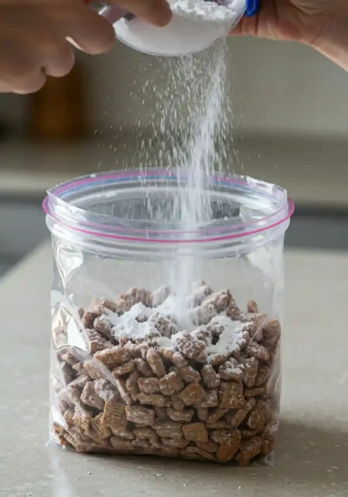 Pouring powdered sugar into a bag of chocolate-coated Chex cereal