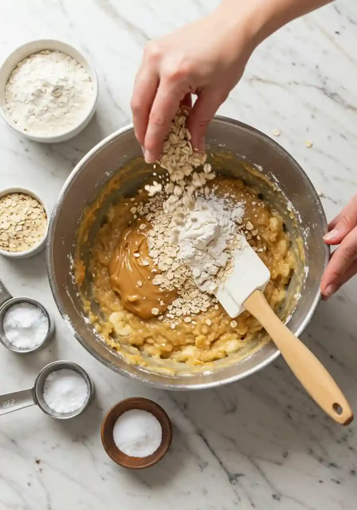 Flour and oats being added to the peanut butter banana mixture