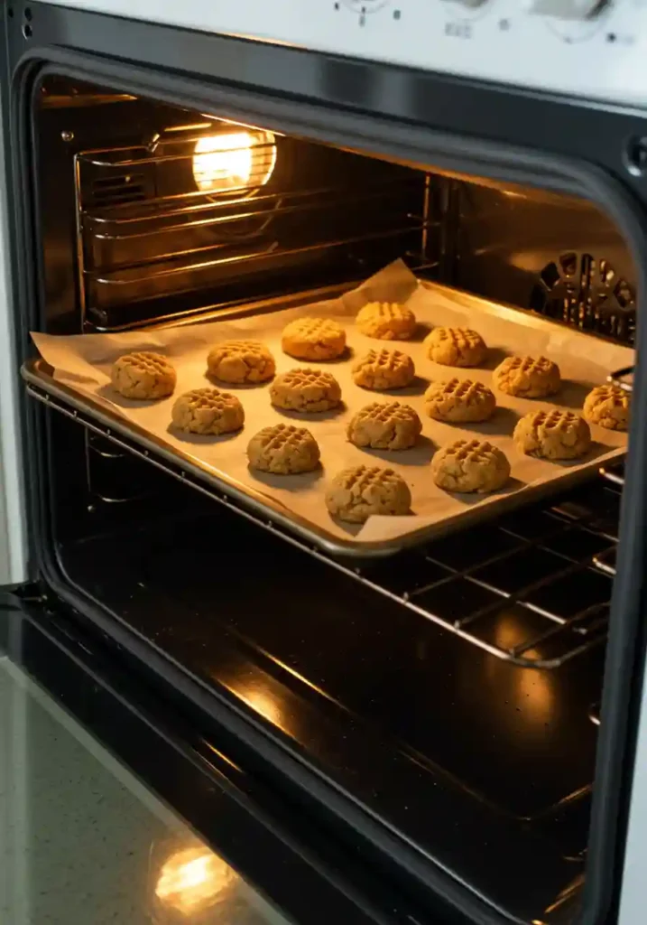 Cookies baking in the oven on a parchment-lined sheet