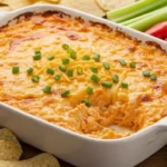 Baked Cottage Cheese Buffalo Chicken Dip in White Dish