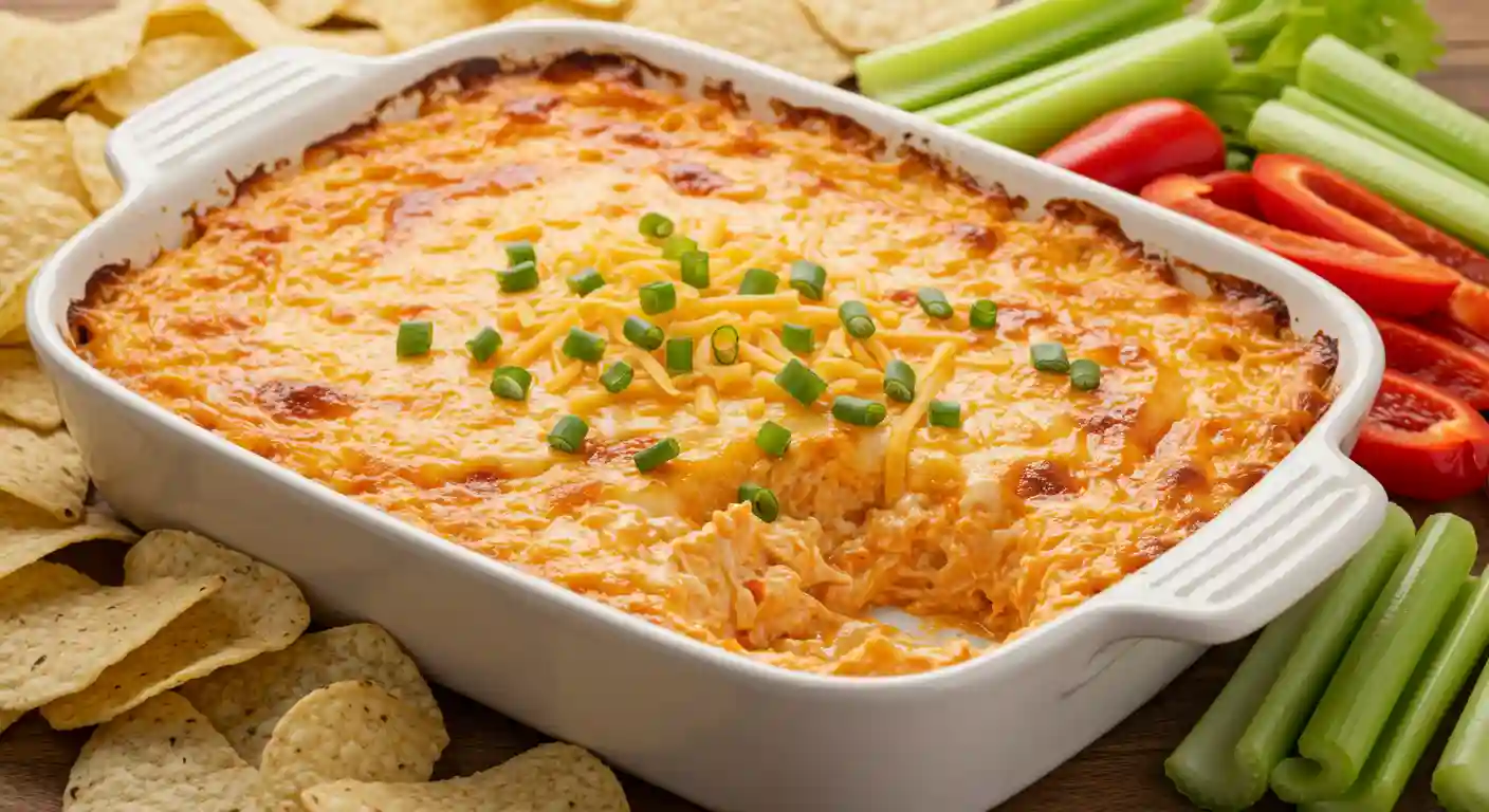 Baked Cottage Cheese Buffalo Chicken Dip in White Dish