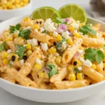 Overhead shot of creamy elote pasta salad in a white bowl
