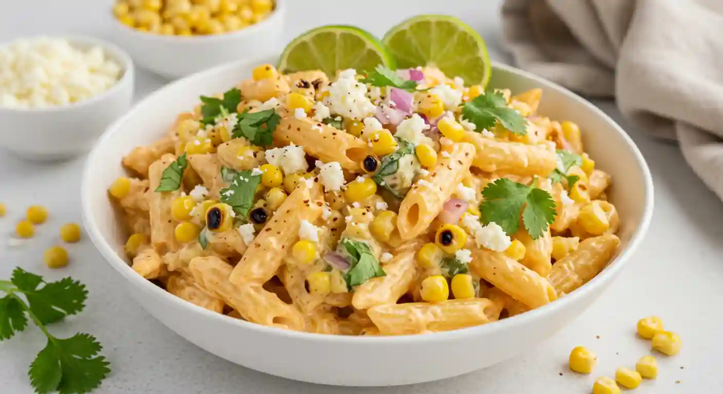 Overhead shot of creamy elote pasta salad in a white bowl