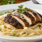 Finished plate of blackened chicken alfredo
