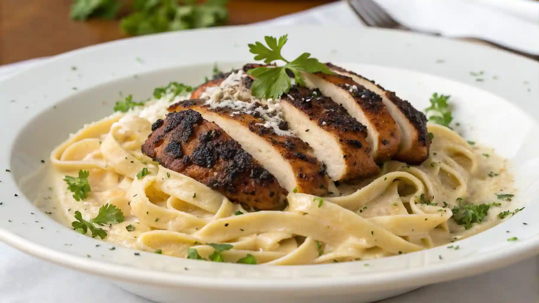 Finished plate of blackened chicken alfredo