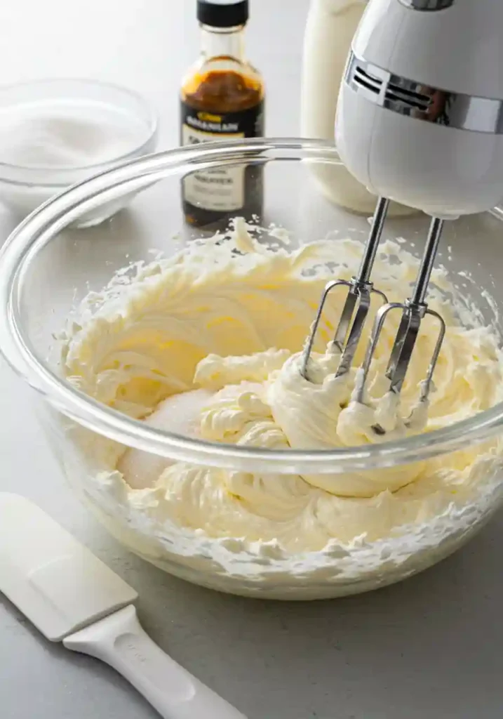 Mixing cream cheese, sugar, and vanilla in a bowl for xango filling
