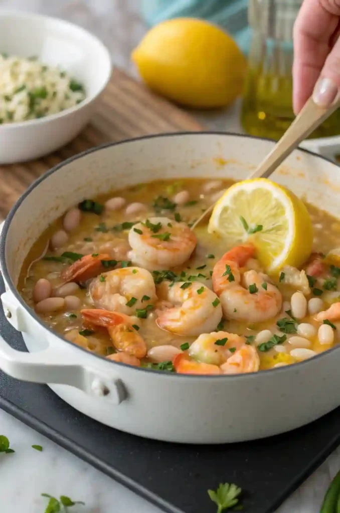 Fresh lemon juice and zest added to shrimp and bean stew