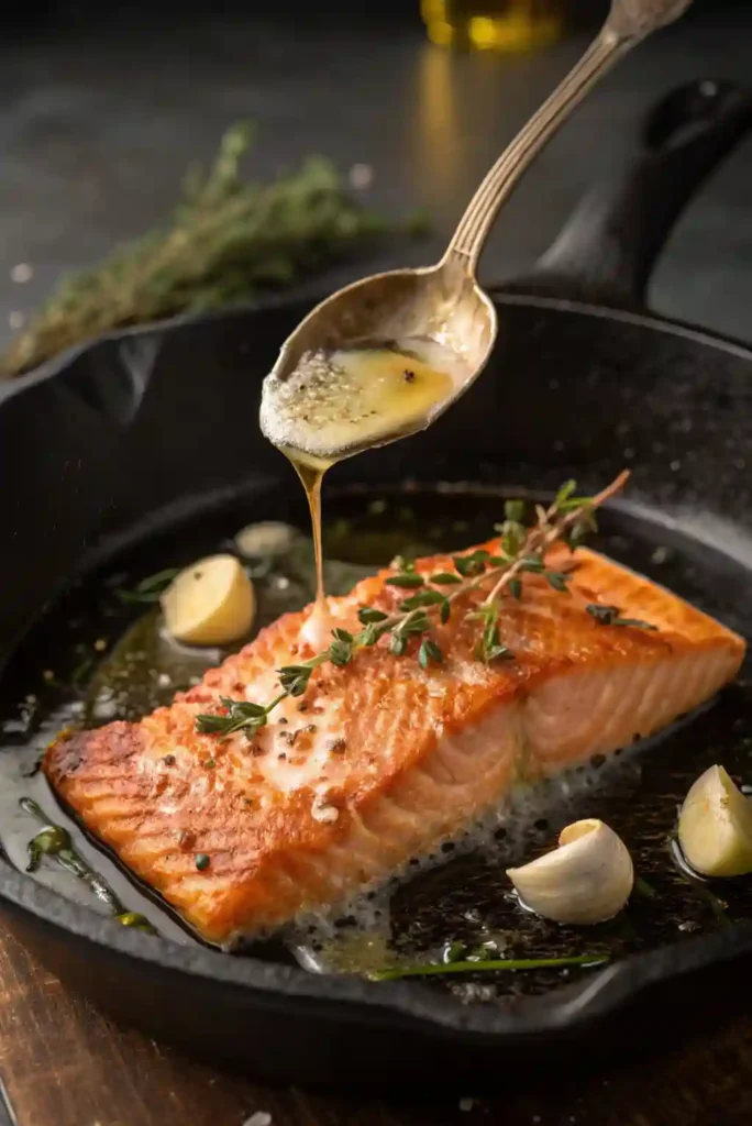 Spoon drizzling melted butter over salmon in cast iron skillet