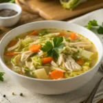 Bowl of Chicken Cabbage Soup with Fresh Herbs