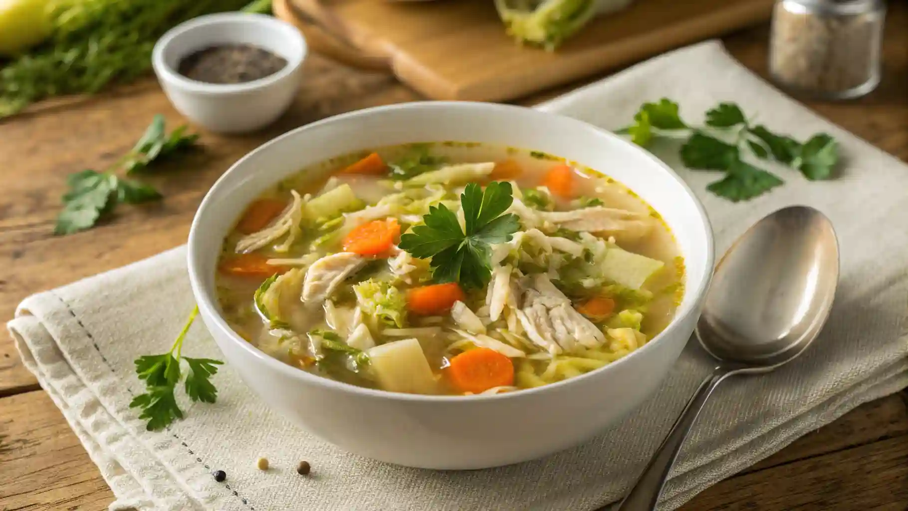 Bowl of Chicken Cabbage Soup with Fresh Herbs