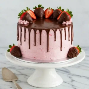 Sliced chocolate strawberry cake showing rich layers and frosting