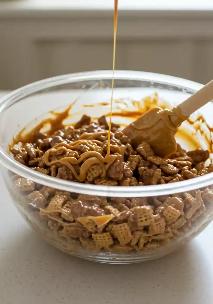Stirring melted chocolate and peanut butter mixture into Chex cereal